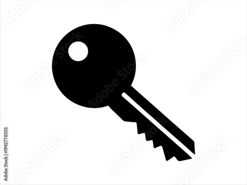 A simple black and white illustration of a house key on a white background