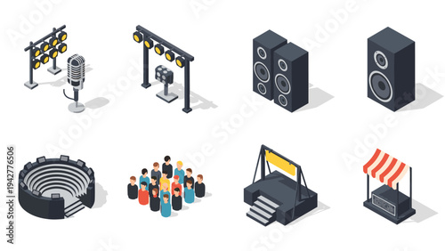 Isometric event equipment set: microphone, speakers, stage, audience, lighting, arena