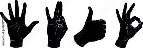 Four distinct hand gestures displayed in black silhouette form on a white background.