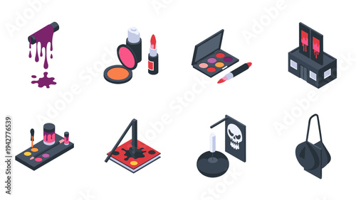 Gothic makeup set with various iconic cosmetic items in isometric style