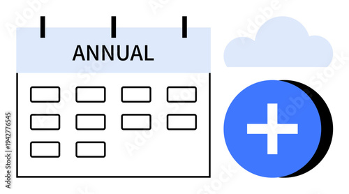 Calendar concept. Annual calendar layout with cloud storage and add icon, scheduling and cloud-based event planning. Calendar scheduling for business, productivity, organization, cloud tools