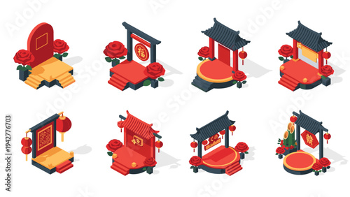 Isometric chinese themed stages with traditional lanterns and decorations