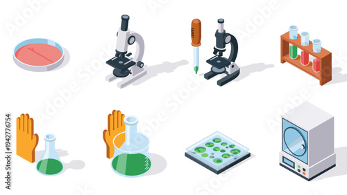Isometric laboratory equipment set: microscopes, glassware, and scientific tools