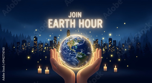 Join Earth Hour digital illustration with hands cradling glowing Earth above city skyline