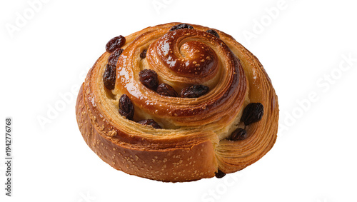 Foto Isolated delicious spiral raisin danish pastry filled with fruit and baked to go