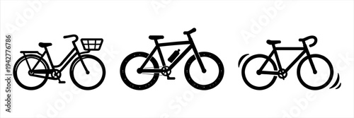 Set of diverse bicycle icons representing various cycling activities and types