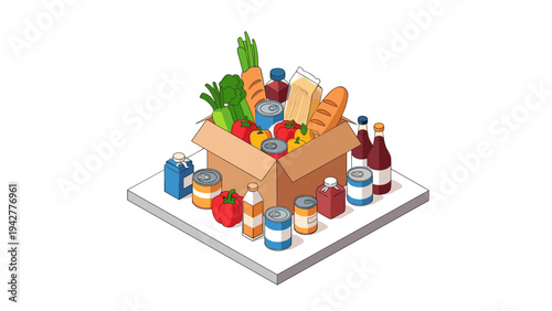 Donation box with food items in isometric style for charity and community support