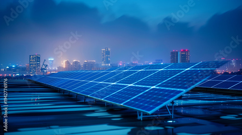Solar panel clean energy system in night city modern electricity urban power development