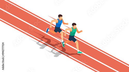 Dynamic isometric running duo on red athletic track in motion