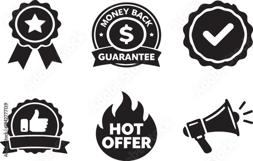 A comprehensive collection of promotional vector icons illustrating guarantees, special offers, and customer satisfaction elements for e-commerce.