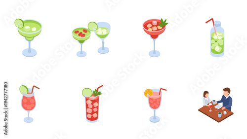 Colorful cocktail collection: refreshing drinks in isometric style