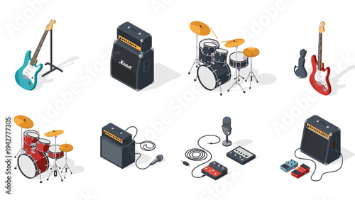 Isometric musical instruments set featuring drums, guitars, amplifiers, and microphones
