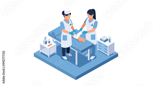 Isometric clinic scene with medical professionals caring for patient
