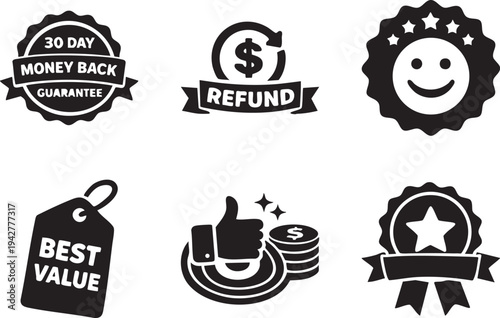 A compelling set of vector icons illustrating money back guarantees, refunds, customer satisfaction, best value, and rewards for consumer confidence.