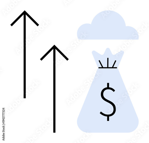 Upward arrows alongside a money bag with dollar symbol and a cloud highlight financial success, rising profits, and economic growth. Ideal for business, finance, investments, trading, marketing