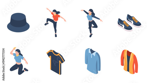 Isometric fashion and dance icons: stylish outfits and dynamic poses