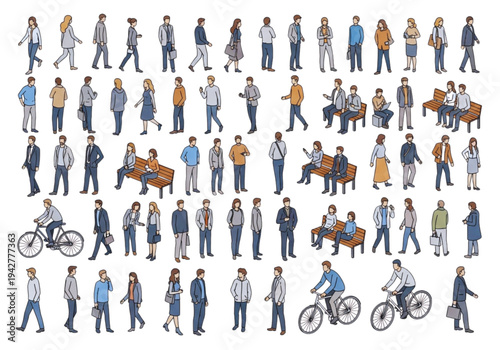 Diverse Human Scale Figures with Flat Color Outlines for Professional Renders