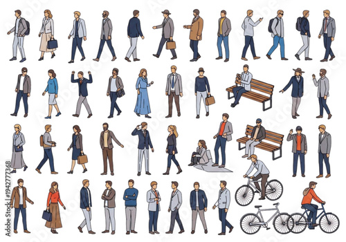 Diverse Human Scale Figures with Flat Color Outlines for Professional Renders