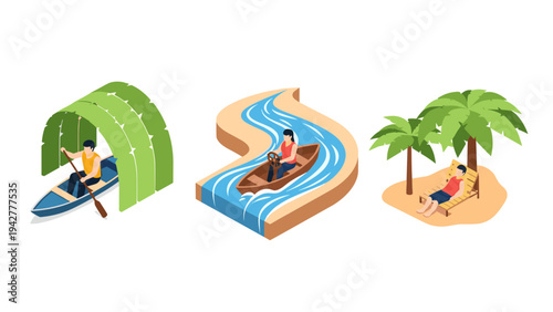 Isometric summer adventure: kayaking, canoeing, and relaxation under palm trees