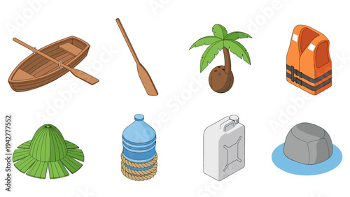 Set of isometric beach and boating essentials with palm tree and canoe elements
