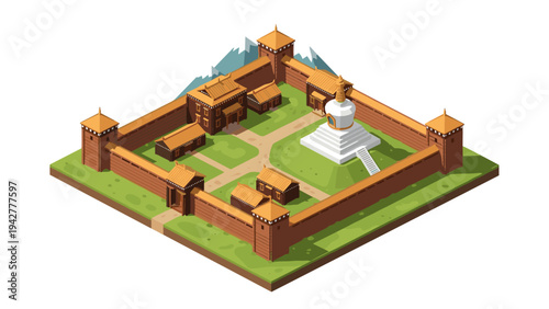Isometric ancient fortress with central stupa and wooden walls on grass background