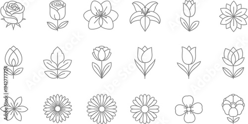 Black line of various flowers on white background