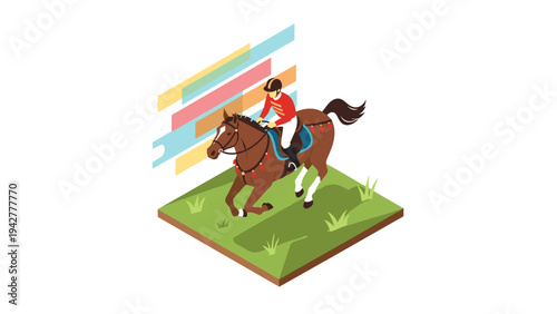 Equestrian sport isometric design with jockey and horse in motion on colorful background