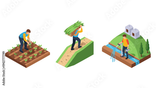 Isometric farming scenes: cultivation, harvesting, irrigation techniques
