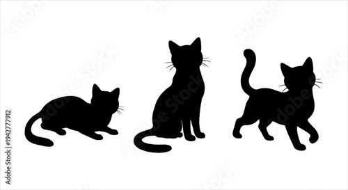 Graceful array of minimalist cat silhouettes captured in various resting and active positions