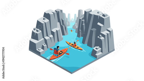 Isometric kayaking adventure through a narrow canyon with dramatic cliffs