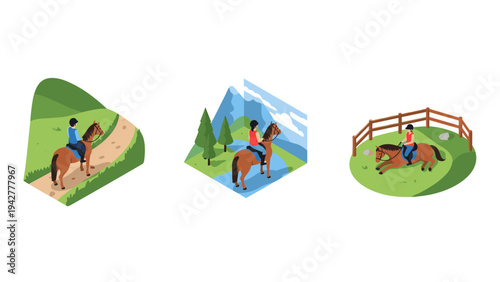 Isometric horseback riding scenes: nature trails and equestrian activities