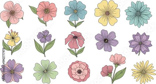 Colorful cartoon flowers on white background pastel pink