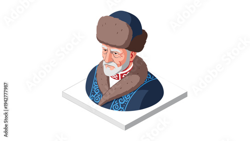 Traditional eastern european elderly man in folk costume with fur hat on white background
