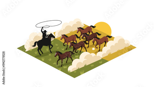 Isometric cowboy wrangling wild horses at sunset on vast plains