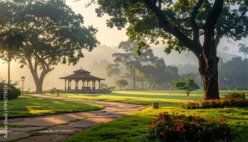 A serene park scene bathed in morning light, featuring lush greenery, pathways, and a gazebo partially obscured by mist