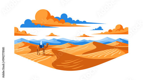 Desert landscape with camel caravan and vibrant sky in illustrative style