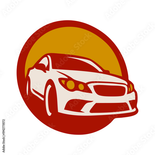 Logo concesionario de coches. Dibujo con líneas de un vehículo de lujo en un círculo 