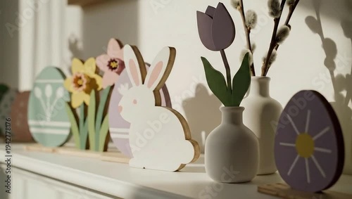 Wallpaper Mural Easter decorations on a shelf with a bunny, eggs, and flowers. Torontodigital.ca