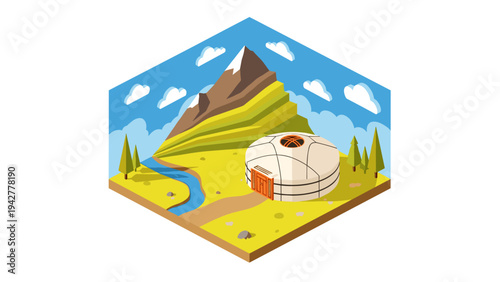 Traditional yurt in mountain landscape isometric art with river and clouds