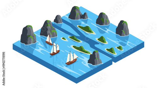 Sailing adventure through majestic islands in isometric style