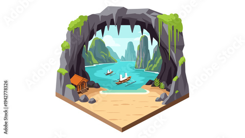 Tropical beach cove with boats and lush cliffs in isometric style