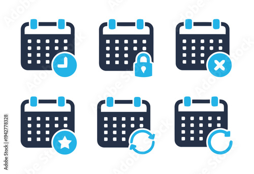 Calendar icons set with different symbols for time, lock, delete, favorite, refresh