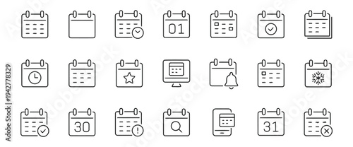 Calendar icons with different symbols and variations, representing schedules and planning