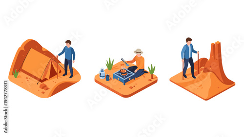 Isometric camping adventure with tent, cooking, and hiking scenes