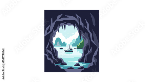 Scenic cave view featuring boats on a serene lake in flat design
