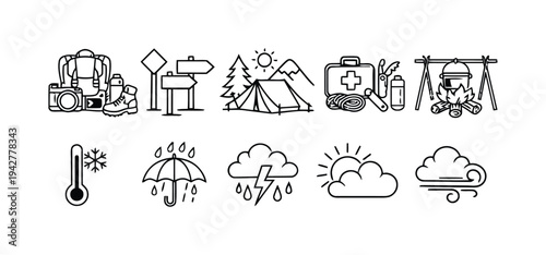 Camping and outdoor adventure icon set showing tent, backpack, first aid kit, weather, and campfire