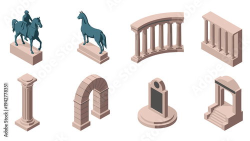 Isometric ancient architecture and sculpture collection with columns and arches