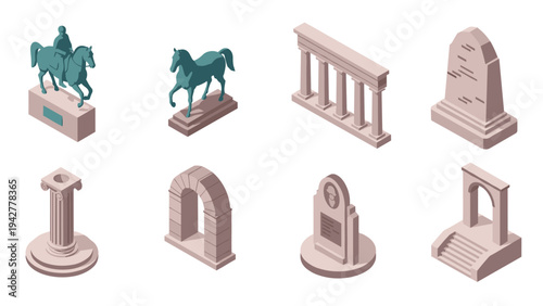 Isometric monument icons set featuring statues, columns, and arches