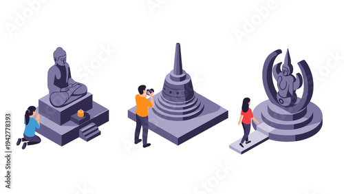 Isometric 3d buddhist monuments with people engaged in cultural activities