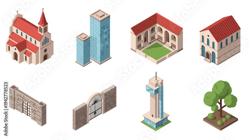 Isometric buildings and structures: diverse architectural designs and elements